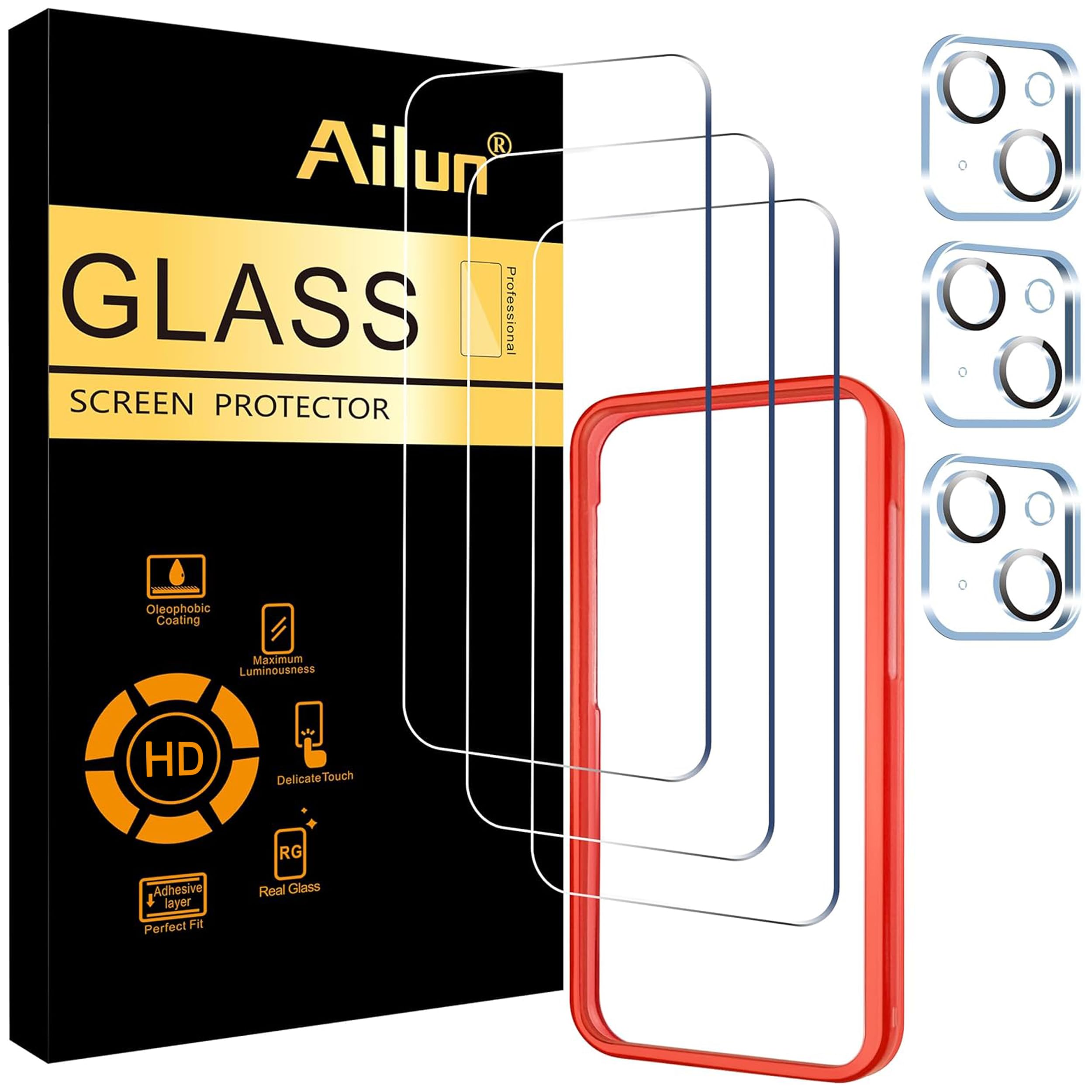 Ailun Screen Protector + Camera Lens Protector for iPhone 15, 3+3 Pack
